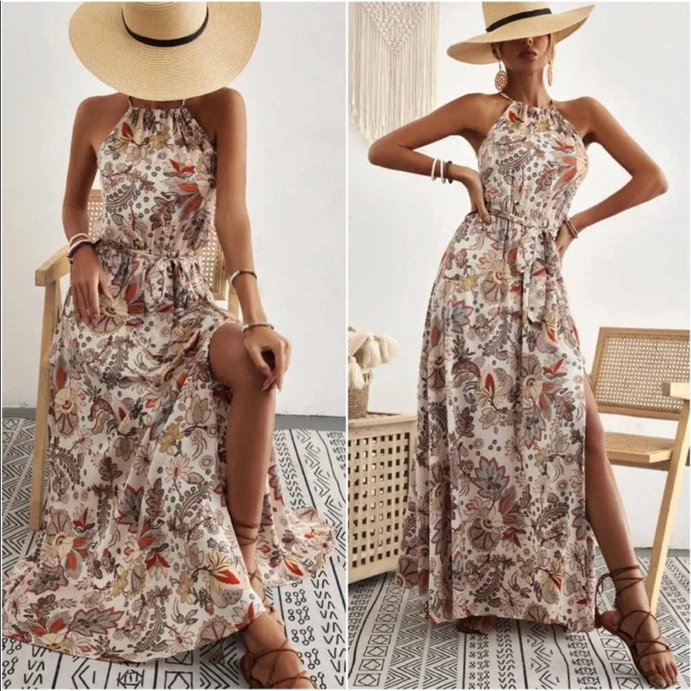 Boho Floral Print Belted Halter Maxi dress - Picture 1 of 7